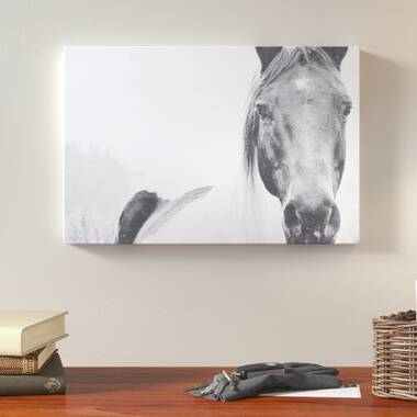 White Horse with Brown Leather Saddle - 1 Piece Rectangle Graphic Art Print on Wrapped Canvas Gracie Oaks Size: 16 W x 20 H
