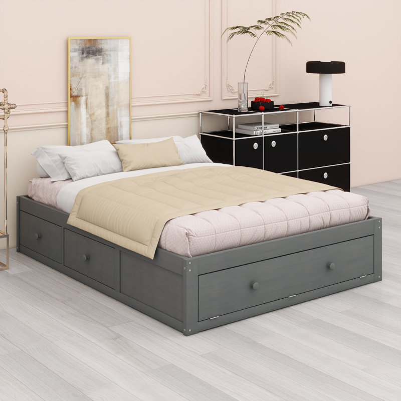 Lit plateforme contemporain avec mécanisme de levage de pied de lit et système de tiroir intégré, Antique Grey