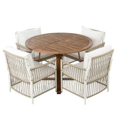 Modern 5-Piece Patio Extendable Wooden Dining Table Set, 12Inch Butterfly Leaf Foldable Round Kitchen Table Set With 4 Rattan Arm Chairs For Backyard,Balcony, Garden, Poolside, Natural