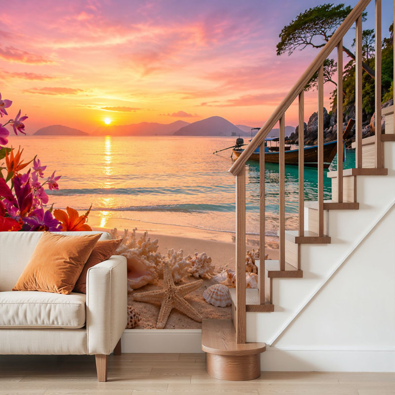 Papier peint adhésif pelez et collez Tropical Seaside Beach Vibrant Flowers Shells Clear Turquoise Water Wall Art Auto-adhésif et amovible