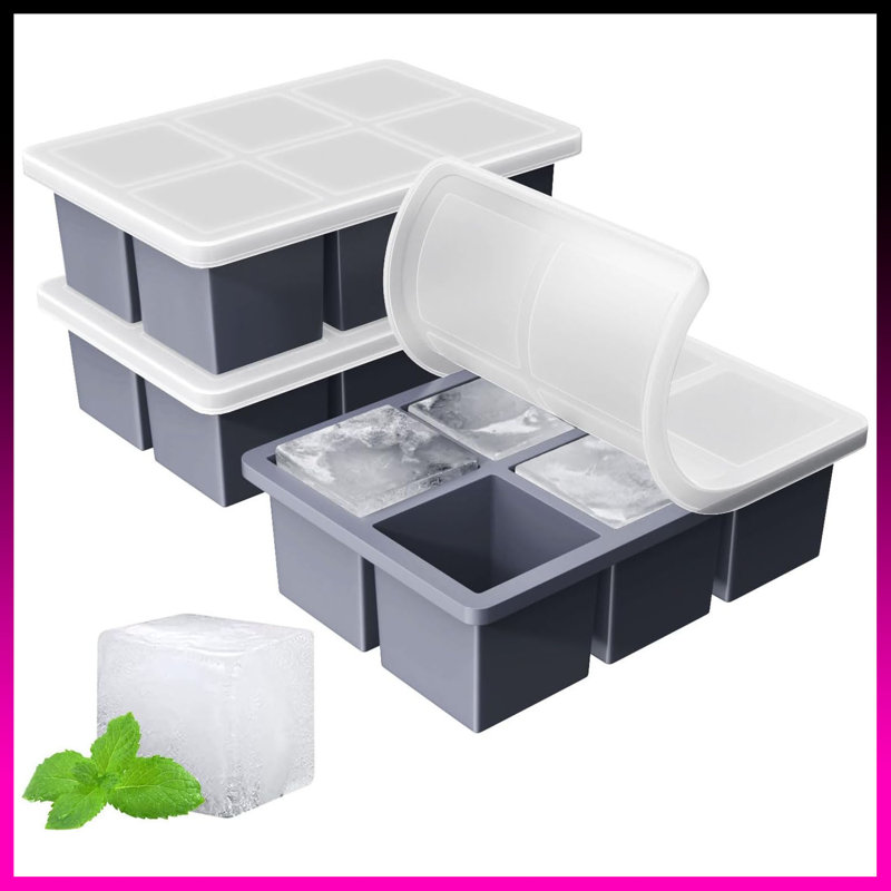 Paquet de 3 grands plateaux à glaçons en silicone - Moules à glaçons carrés de 2 pouces pour le whisky et les cocktails, machine à cubes de whisky à l'ancienne (énormes cubes à fusion lente), noir + gris foncé + mauve
