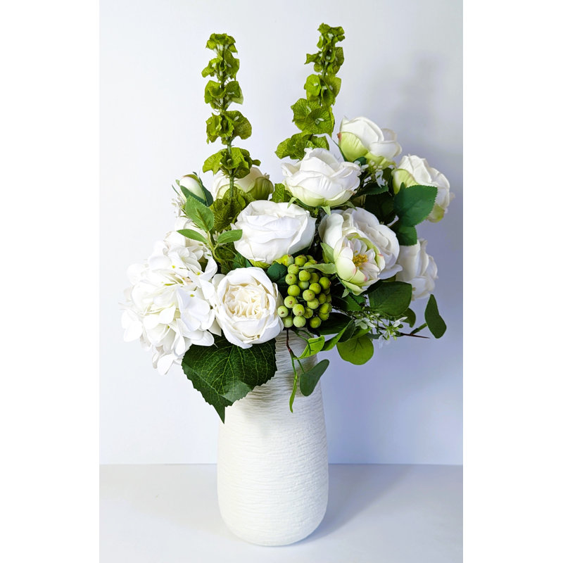 White Rose and Hydrangea Silk Flower Arrangement