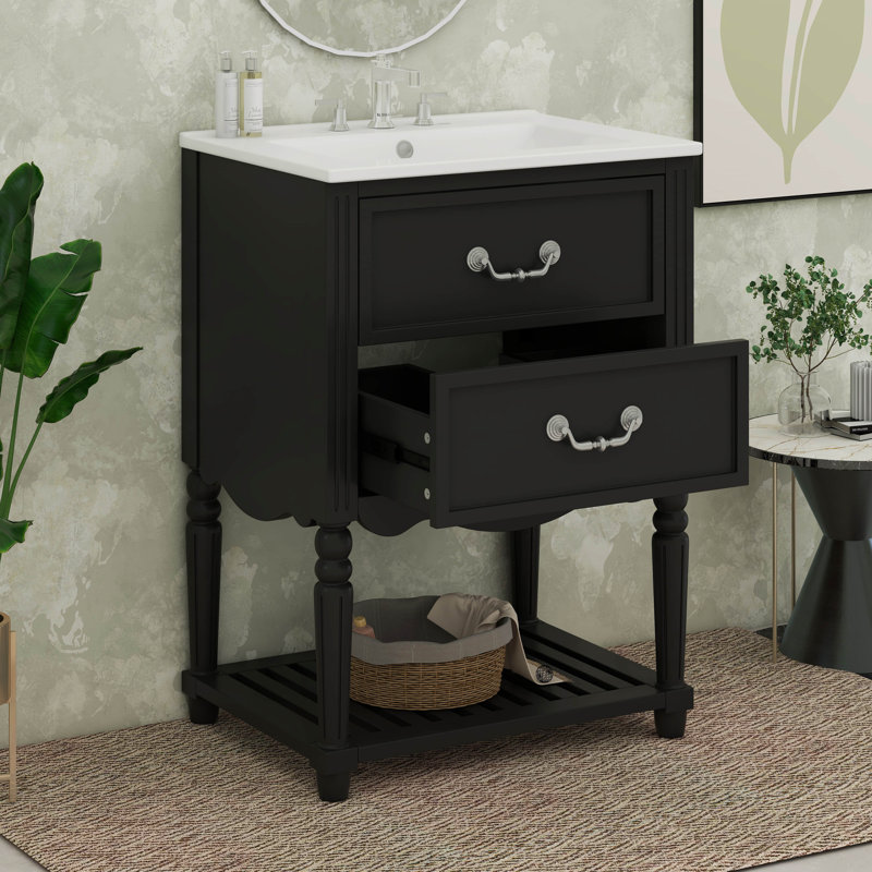 Meuble-lavabo 24 po avec lavabo, meuble-lavabo simple autoportant avec 2 tiroirs et tablette ouverte, Noir
