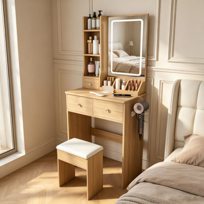 Coiffeuse éclairée de 60 cm avec prise électrique, support pour sèche-cheveux et rangement