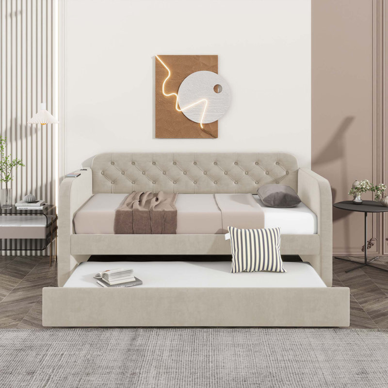 Upholstered Daybed With Trundle And USB Charging Design, Beige