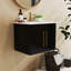 Ensemble de meuble-lavabo mural 24 po avec lavabo, portes doubles, charnières à fermeture en douceur, cuve en céramique, assemblage facile, poignée longue en métal doré, espace de rangement, noir brillant