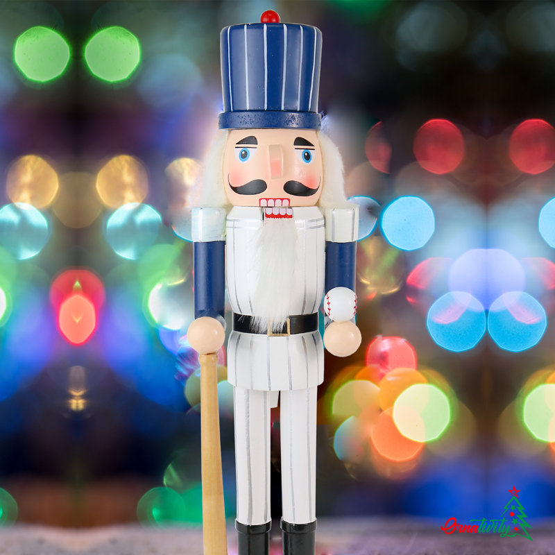 Christmas Baseball Player Nutcracker - Baseball Player With White Pin Stripe Uniform And Bat Holiday Decor Nutcracker