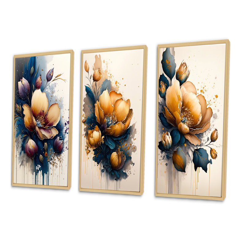Orange et bleu fleurs de crocus - ensemble de 3 impressions, Cadre naturel flottant, H 32 po x l 48 po