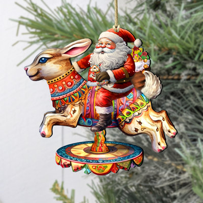 Santa Claus on Bunny Carousel Wooden Ornament by G. Debrekht