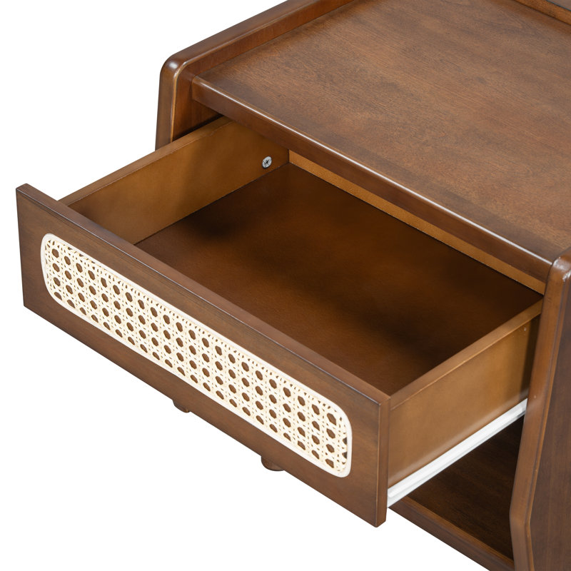Antionette Mid-Century Modern PE Rattan Nightstand with Open Shelf and Drawer, Walnut