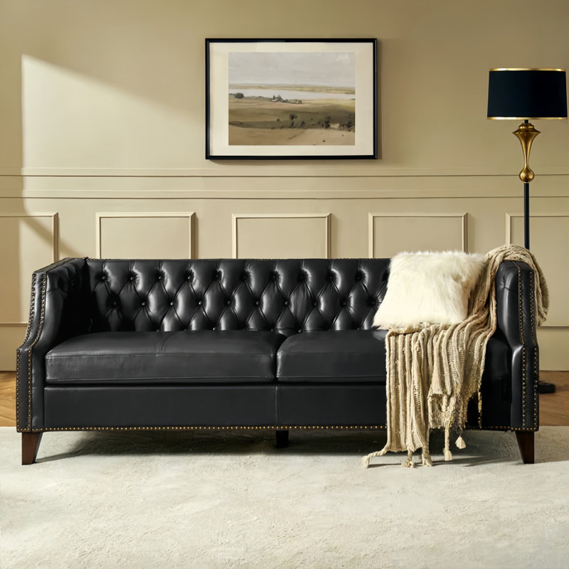 82.68" Vegan Leather Sofa, Black
