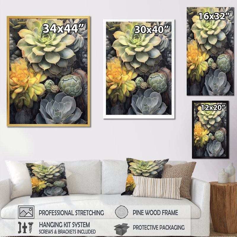 " Green Grey Resilience Succulent ", 20" H x 12" W x 1" D, Gold Picture Framed