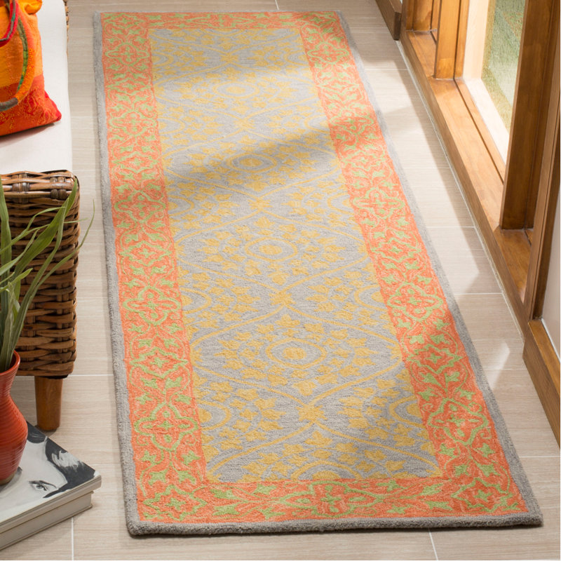 Tapis orange / argent en laine / coton crocheté à la main à motif floral Guzi, Tapis de couloir 2 pi 3 po x 8 pi