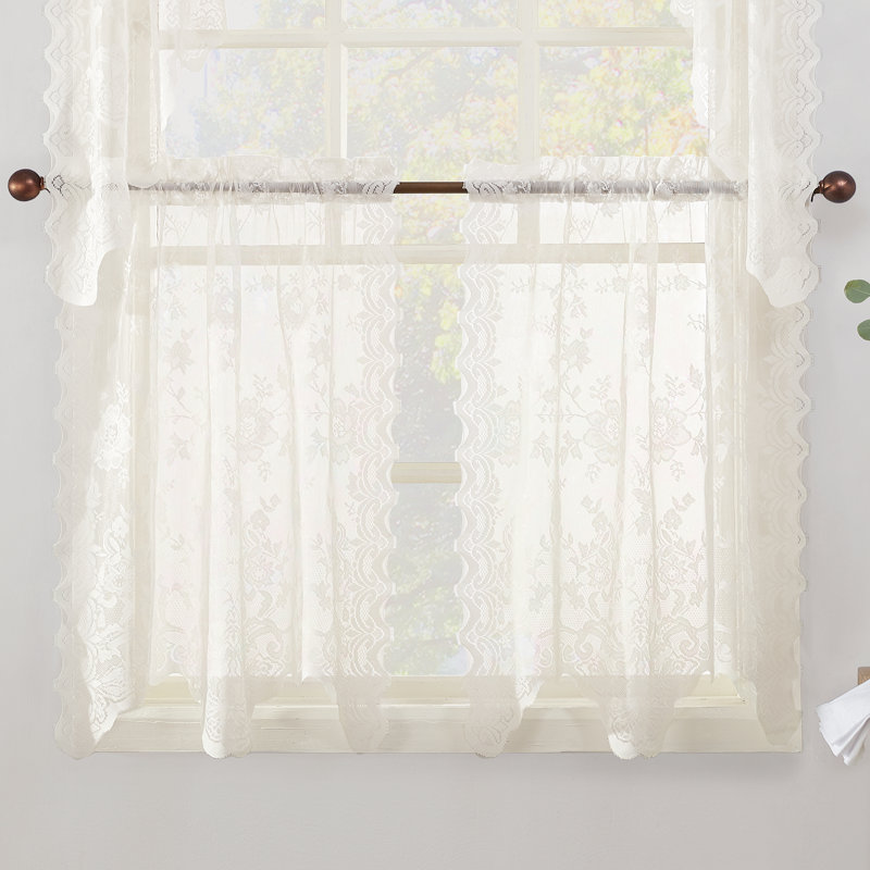 Alejo Floral Lace Sheer Rod Pocket Kitchen Curtain Tier Pair, 58" W x 24" L, Ivory
