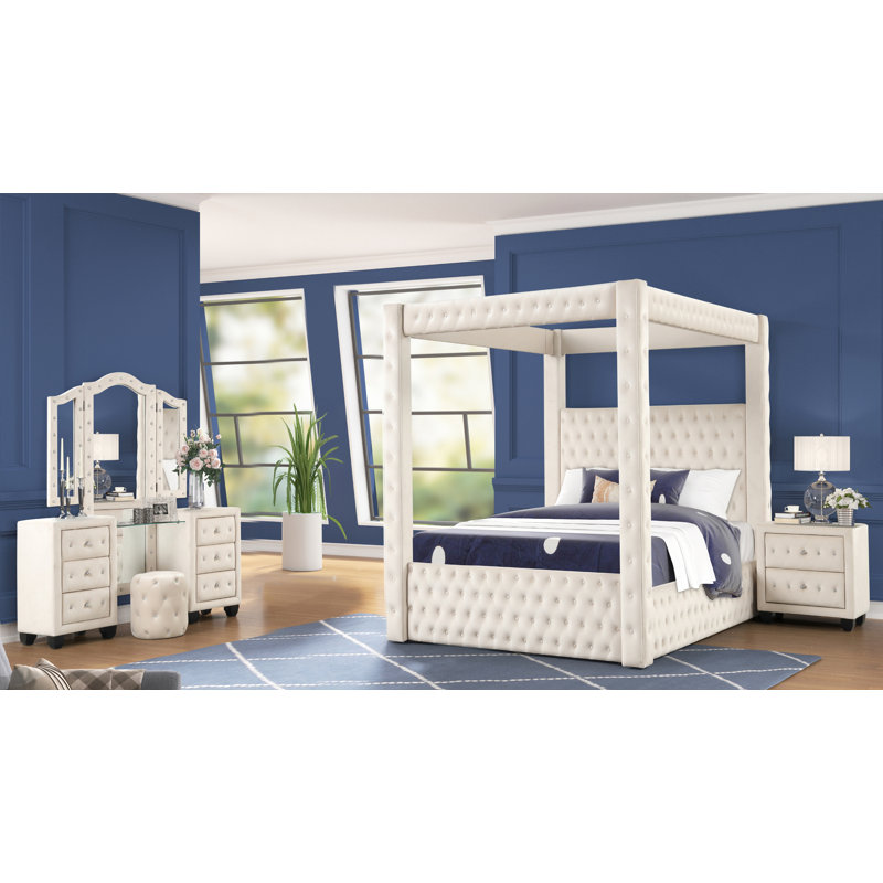 Ensemble de chambre à coucher 4 pièces Janeece, Crème, Très grand