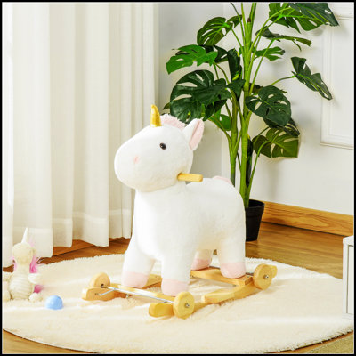 Licorne à bascule et balançoire Qabo 2 en 1, base souple en bois avec base en bois, son, pédale et poignée pour enfants de 3 à 6 ans