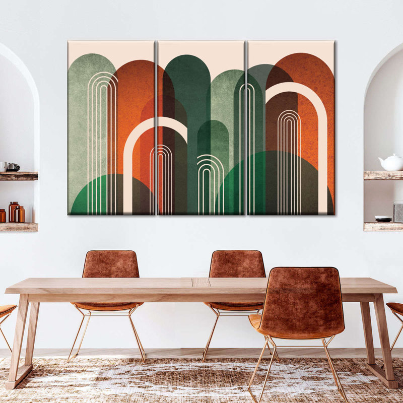 Abstrait géométrique Mid-Century arches orange vert sur toile, 3 pièces, H 42 po x l 65 po x P 1,25 po