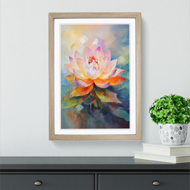 Lotus Flower Gestural No.2 - Single Picture Frame Print on Wood, 34cm H x 25cm W x 2cm D, Oak