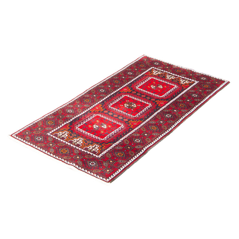 Tapis rouge en laine noué à la main de conception unique 3 pi 1 po x 6 pi New Age