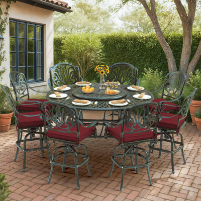 10-Piece Outdoor Bar Set, All Weather Cast Aluminum Patio Bar Furniture With 8 Cushioned Swivel Bar Stools, Large 60.98" Round Patio Bar Height Table by Canora Grey
