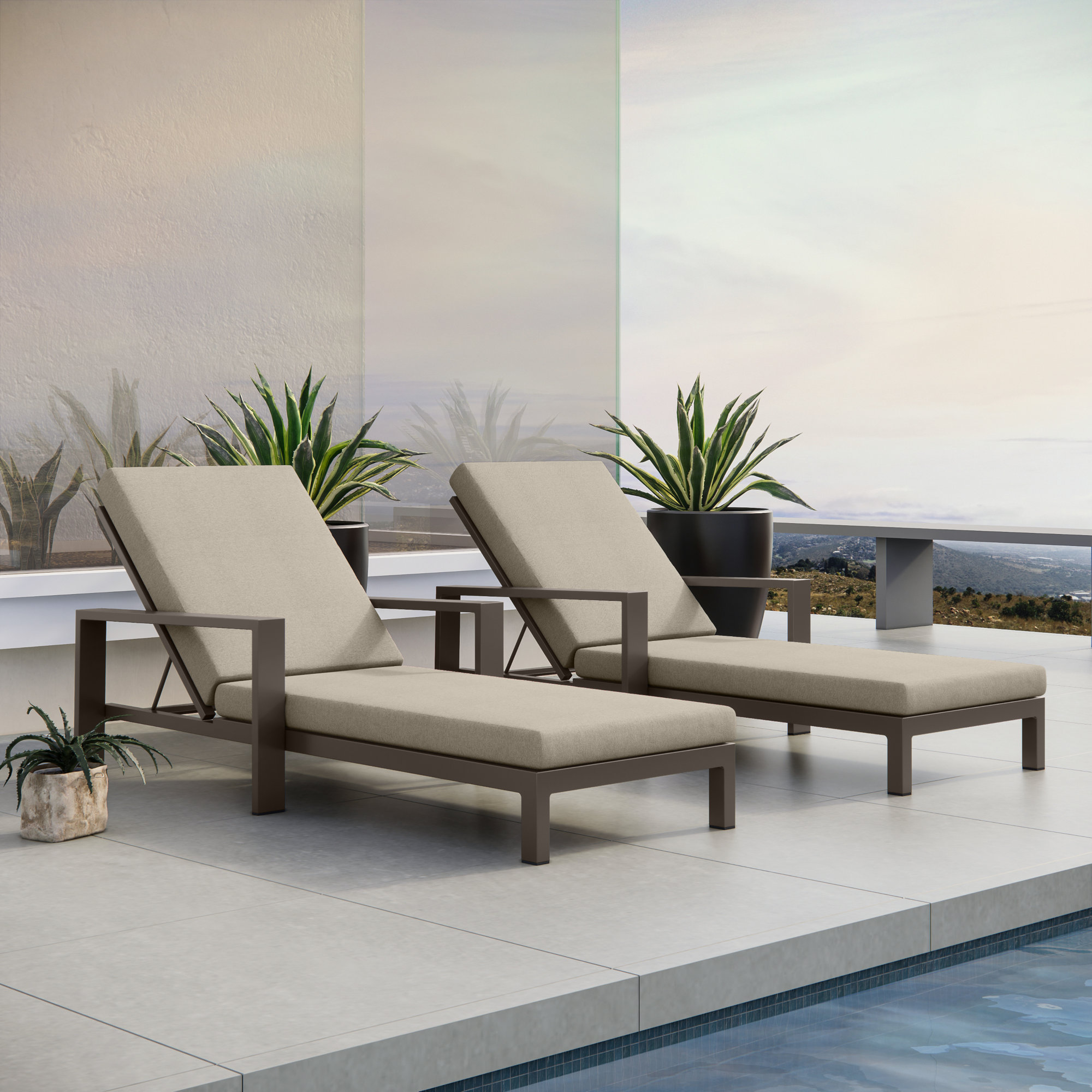 Hoyt 35'' Outdoor Metal Chaise Lounge, Khaki Cushion/Bronze Frame