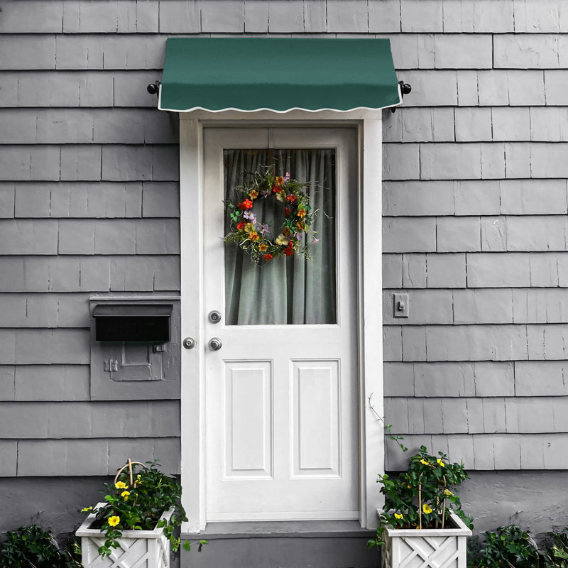 Awntech Charleston Acrylic Fabric Awning with Iron Scroll Arms, 28" H x 88.5" W x 24" D, Forest