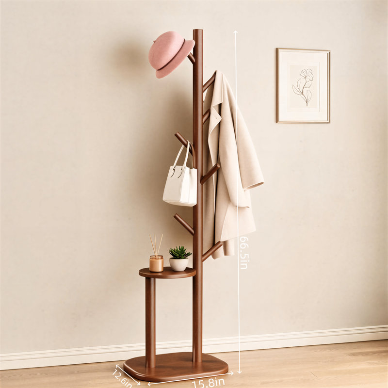 Brown Solid Wood Floor-Standing Coat Rack, 66.5 Inches Tall, With Eight Hooks And Shelves, Sturdy Base, A Versatile Storage Solution For Multiple Rooms.