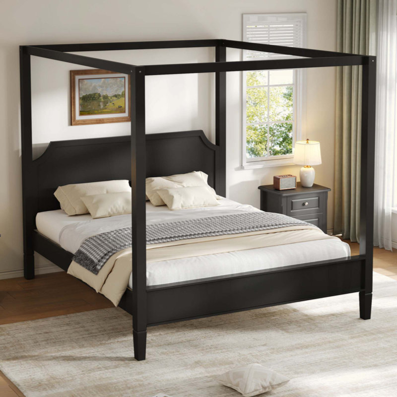 Lit plateforme à baldaquin en bois avec tête de lit et pieds de support, Grand lit, Noir