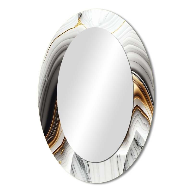 Abstrait Geode Waves Gray III - Miroir décoratif abstrait ovale sur métal, 36 po x 24 po