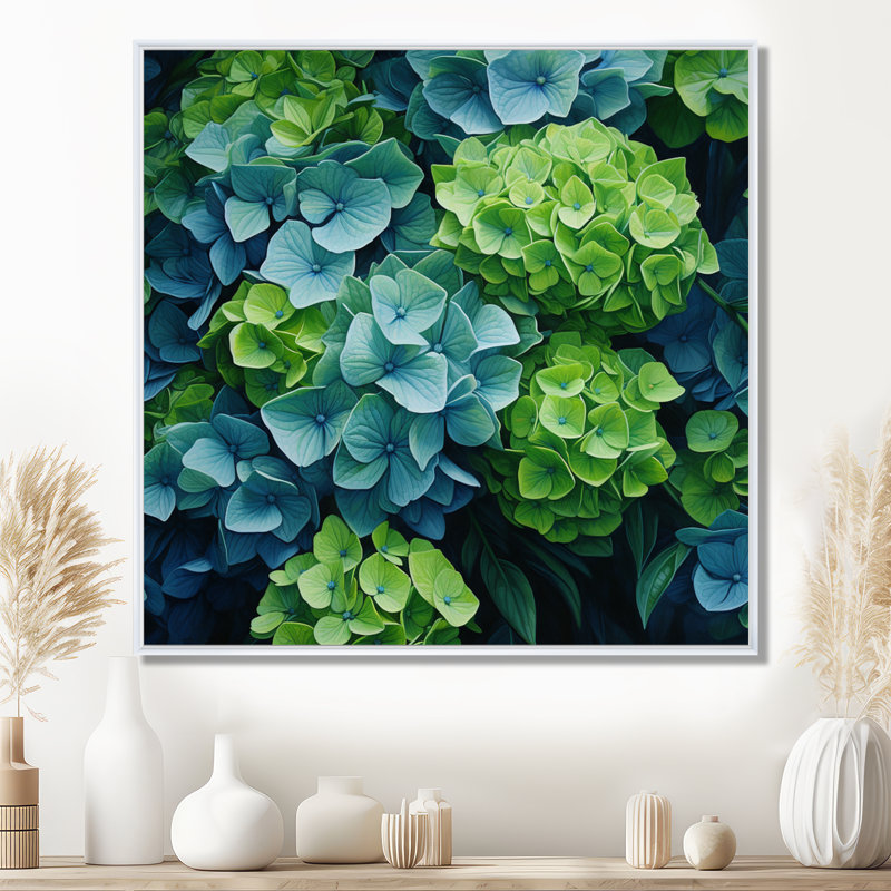 Vert, bleu, hortensia, fleurs d'émeraude - art mural encadré hortensia, Cadre flottant blanc, 44" H x 44" W