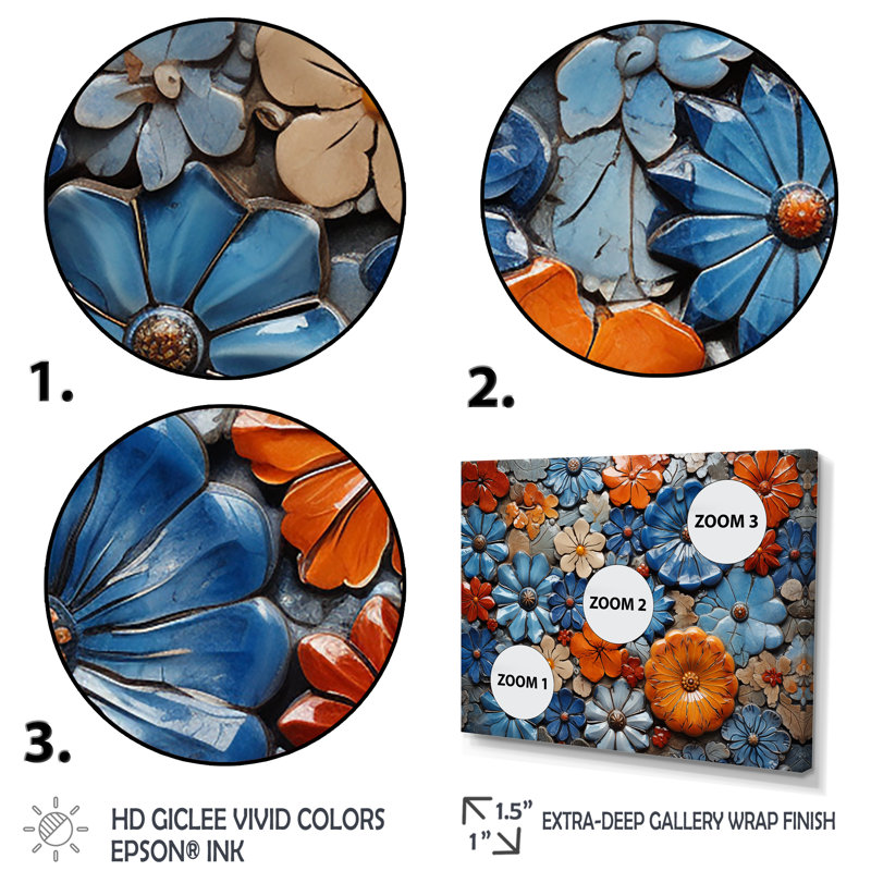 Floral bohème bleu et orange mosaïque 1 - Boho mosaïque murale, Cadre flottant noir, H 12 po x l 20 po x P 1 po