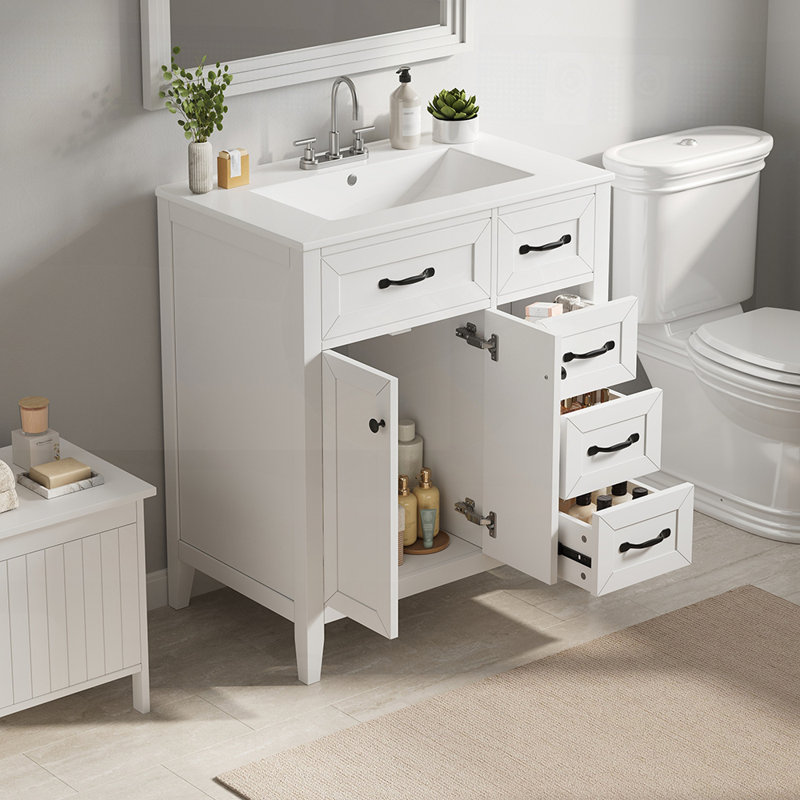 30 Inch Bathroom Vanity with Ceramic Sink, Freestanding Design, Metal Handles, Solid Wood Legs, Soft-Close Doors Drawers, Ample Storage