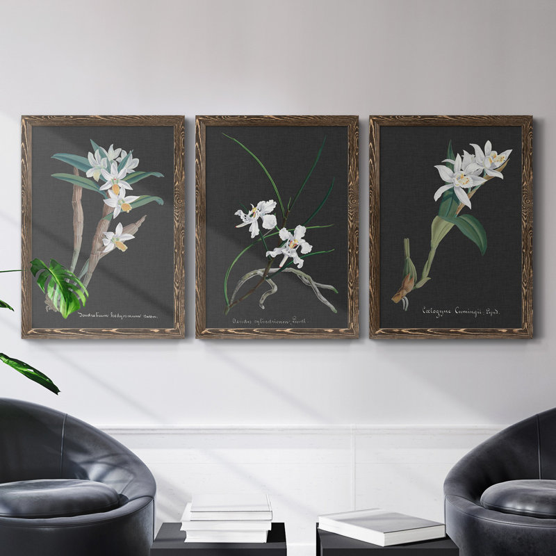 Orchidée sur ardoise I - ensemble de 3 peintures sur toile encadrées, H 37,5 po x l 82,5 po x P 1,5 po, Noyer