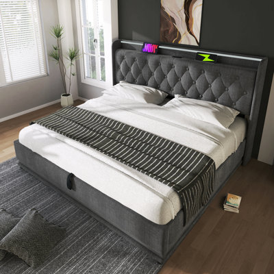 Lit tapissier, fonction DEL à 360 degrés, boutons / applications / télécommande, lit de rangement hydraulique avec chargement USB Type-C (sans matelas)