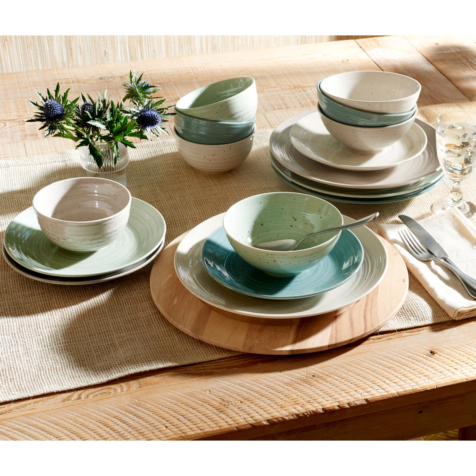 Siterra Stoneware Dinnerware Set - Service for 4, Green/Blue/Gray/Cream, Polka Dots