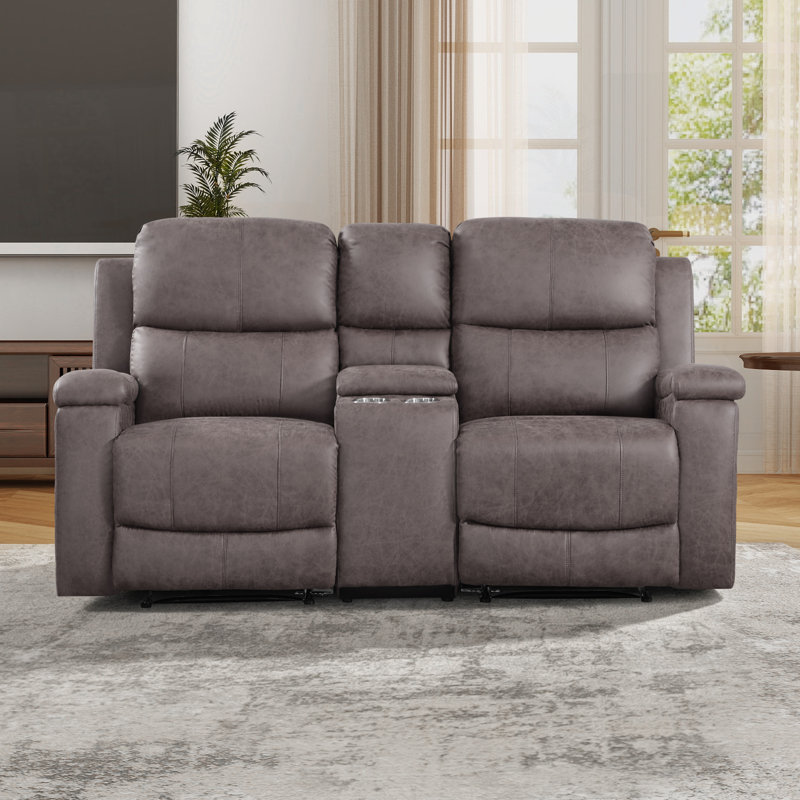 75.2'' Wide Classic Leather Reclining Sectional, Loveseat Recliner With Storage & Cup Holders, Mocha