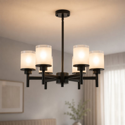 Lustre noir à 6 lumières, luminaire suspendu en verre givré à double ferme moderne, lustre contemporain en métal pour le vestibule de l'îlot de cuisine de la salle à manger, ampoule E26 (sans ampoule incluse)