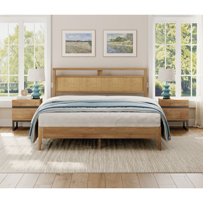 Ensemble de chambre à coucher 3 pièces, cadre de lit queen avec tête de lit en rotin et 2 tables de chevet, chêne