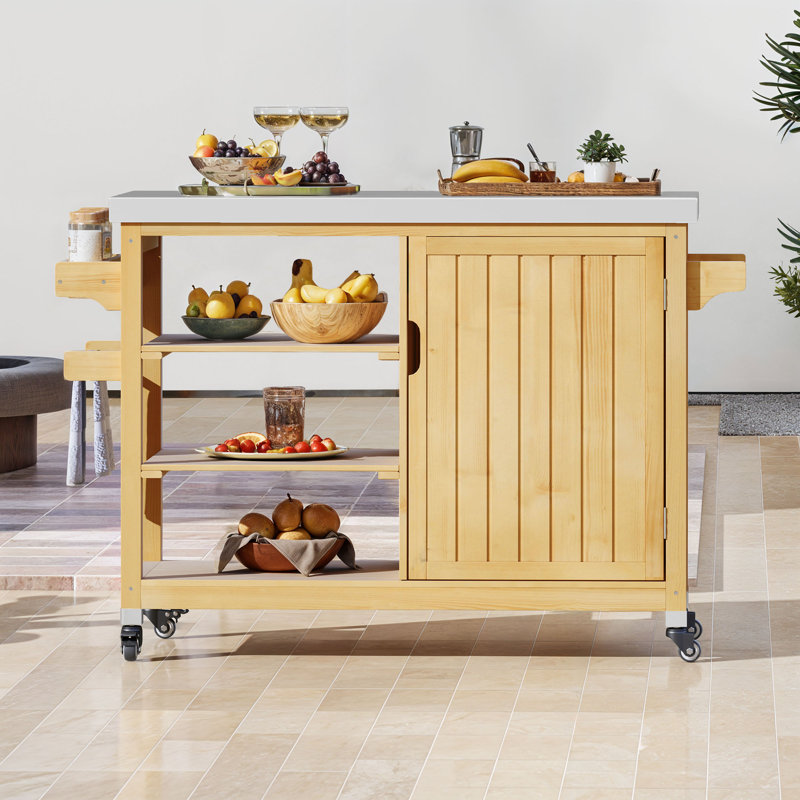 Chariot-bar extérieur en bois massif avec plateau en acier inoxydable Latitude Run, Naturel