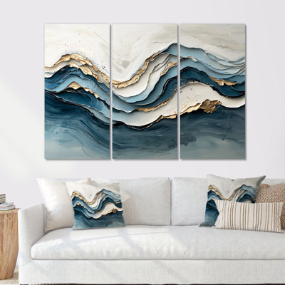 Marbre blanc et bleu, vague IV - ensemble d'art mural vagues côtières