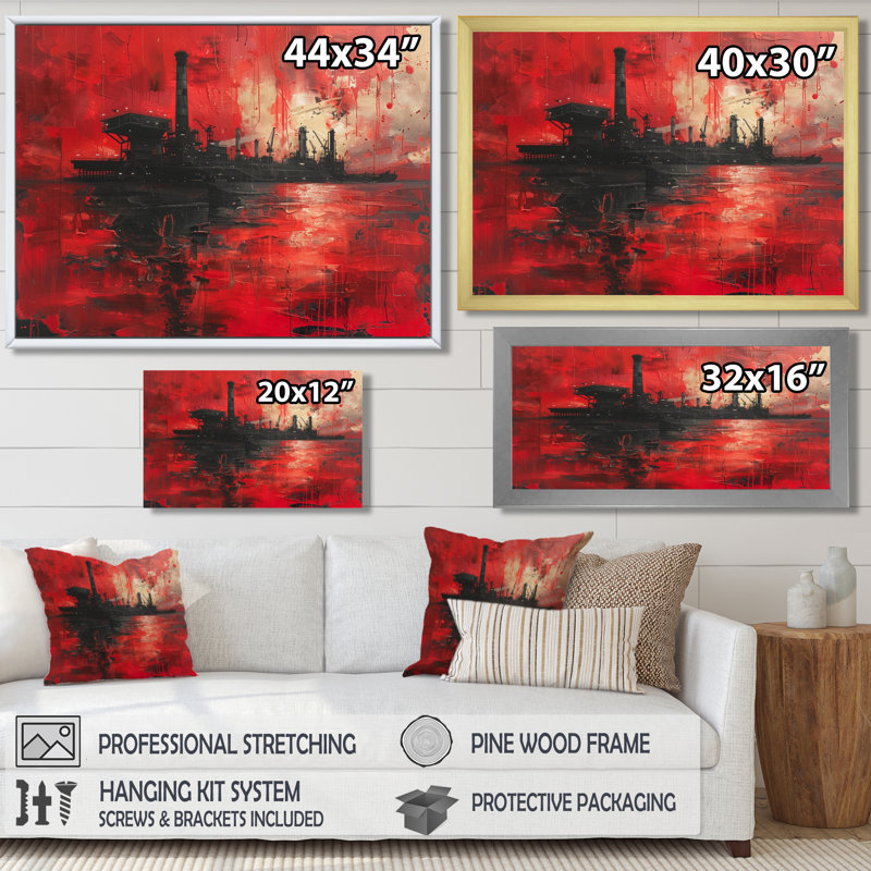 Red Black Petrochemical Pulse Oil Rig - Oil Rigs / Fields, art mural, Toile avec cadre flottant or