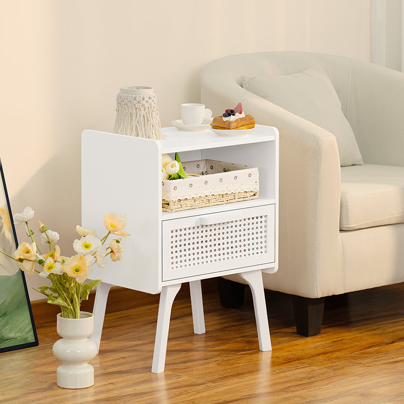 Rattan Nightstand, Boho Side Table With Drawer Open Shelf, Cane Accent Bedside End Table With Solid Wood Legs For Bedroom, Dorm And Small Spaces