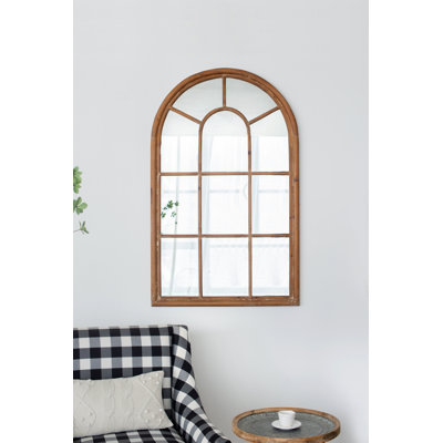 Grand miroir décoratif arqué 34 x 54,3 po avec cadre brun et fenêtre décorative