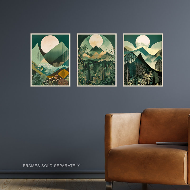 Geometric Forest Mountain Landscape Boho Full Moon Sunrise - 3 Piece No Frame Print Set, 40.5cm H x 30.5cm W x 0.3cm D