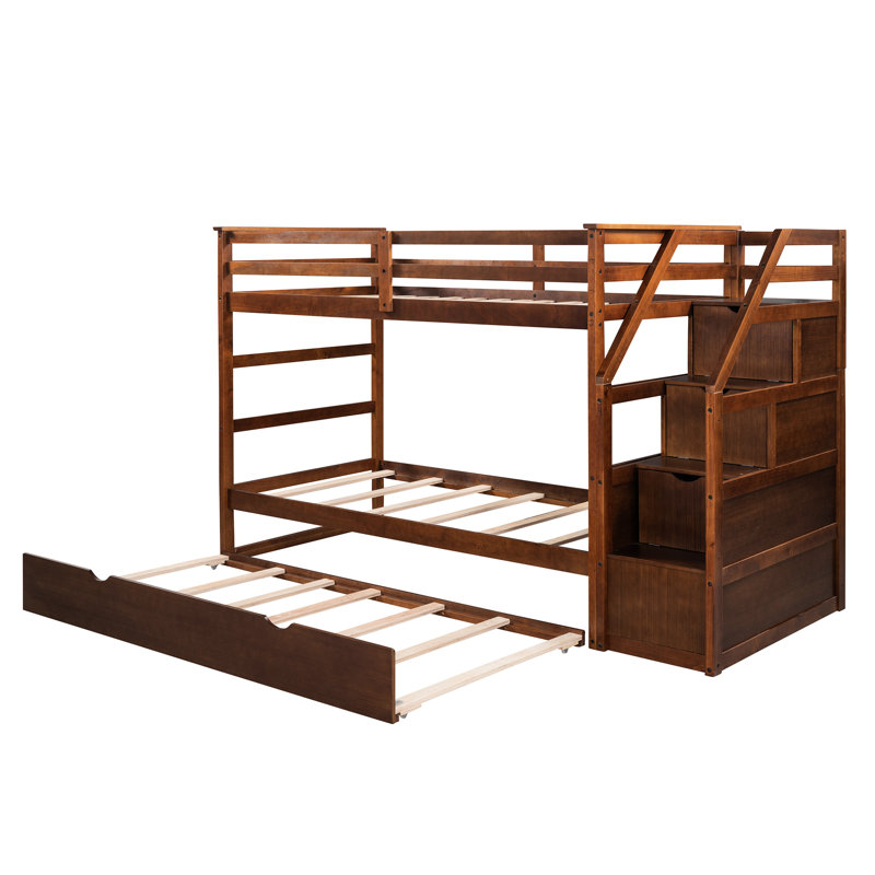 Lit superposé Twintwin en noyer avec lit gigogne de rangement simple fonctionnel et spacieux