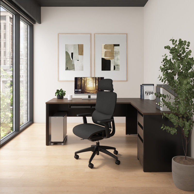 72-inch L Shaped Desk with Drawers and Keyboard Tray in Antigua and Black, Antigua/Black