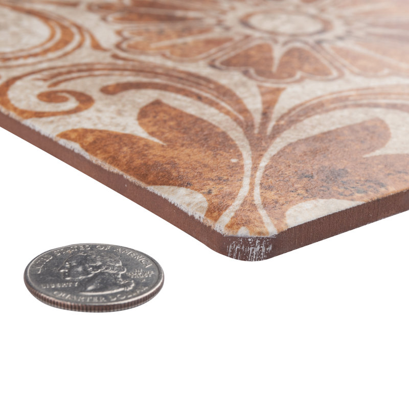 Costa 8" x 8" Ceramic Patterned Wall & Floor Tile, Matte Brown