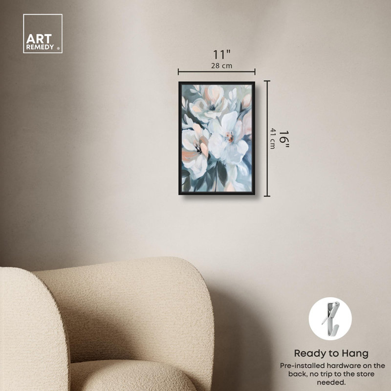 Art floral luxueux sur toile délicate, Cadre noir, H 16 po x l 11 po