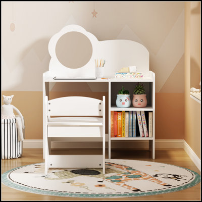 Kids Wooden Vanity Table With Mirror, Chair, And Storage Shelves, Perfect For Dressing, Studying, And Play In Bedrooms And Playrooms