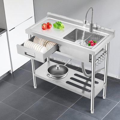 39.5"x23.6"x31.5" Commercial Single Bowl Prep Sink – Stainless Steel Utility Sink with Workbench & Drawer, Freestanding Kitchen Sink with Pull‑Out Faucet & Storage Shelf – For Garage & Laundry
